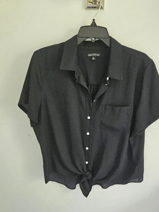 J. Crew Mercantile Navy Blue Button Down Bkouse Tie At Waist