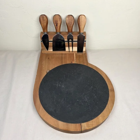 Cheese Board Set w/ Slate Tray & 4 Tools Wood Charcuterie Serving