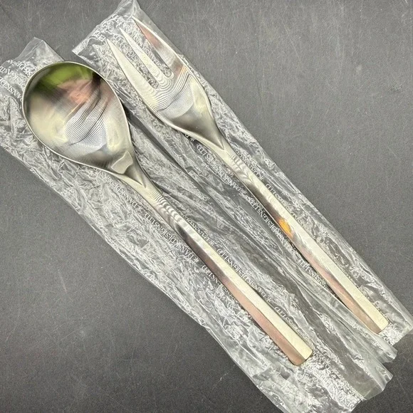 Vintage Dansk Parallel Diamond Serving Spoon Serving Fork Set Silverware OS Boho