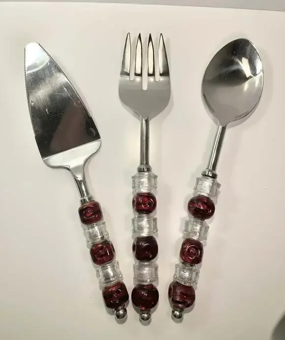 Holiday Serving Set 3 Retired Pampered Chef Stainless Steel Red Beaded