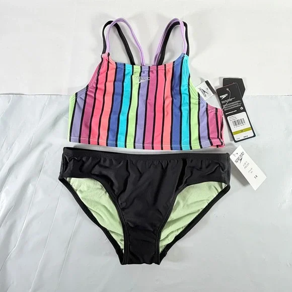 Speedo Girls Two Piece Bikini Swimsuit Anthracite Multi‎ Stripe Size 14 New