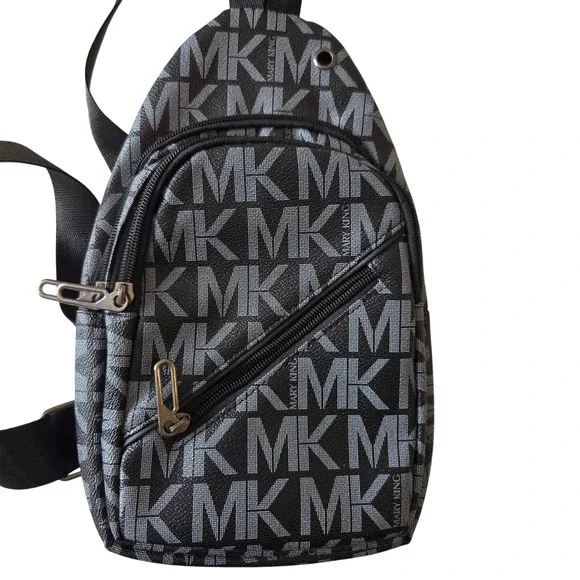 Mary King Black Monogram Sling Backpack Crossbody Bag MK Print Vegan Leather