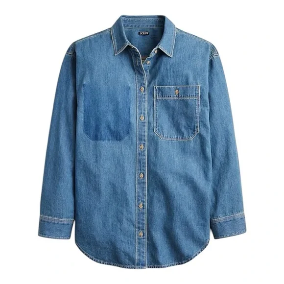 J Crew Chambray Button Down Relaxed Fit Denim Faux Pocket Shirt NEW‎ BY725