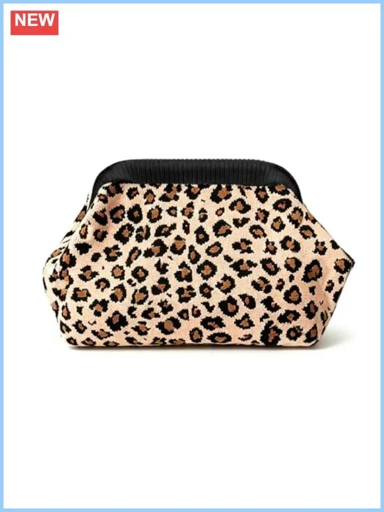 Women's Leopard Print Clutch Purse - Knit Evening Handbag with Magnetic Closure