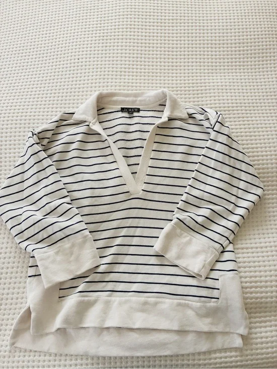 J. Crew Cream and Navy Striped Polo-Style Long Sleeve Shirt