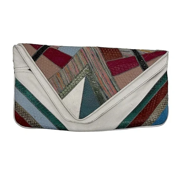 Vintage 80s Leather Snakeskin Textile Clutch Bag Multi‎ Color Flap Front Purse