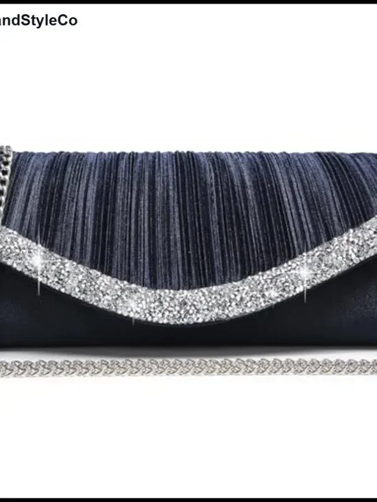 Satin Rhinestone Evening Clutch with Detachable Chain Strap, Formal Party Bag