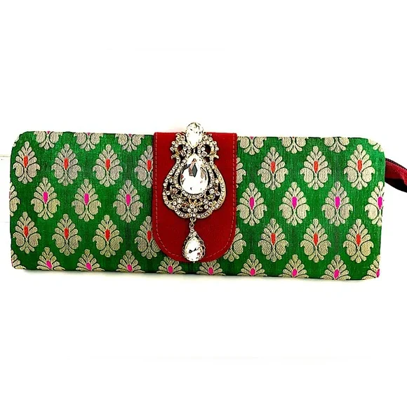 Clutch Bag with Zipper and Magnetic Button Closure Green Red Gold