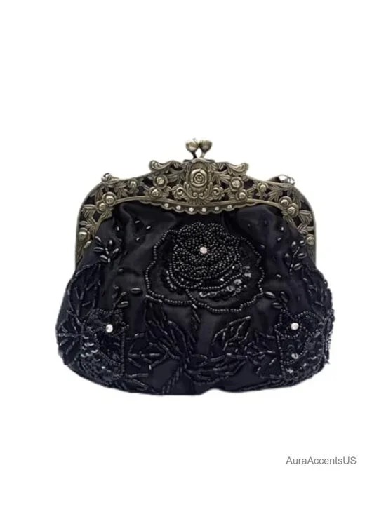 Handmade Beaded Rose Evening Clutch Kiss Lock Purse with Chain Straps