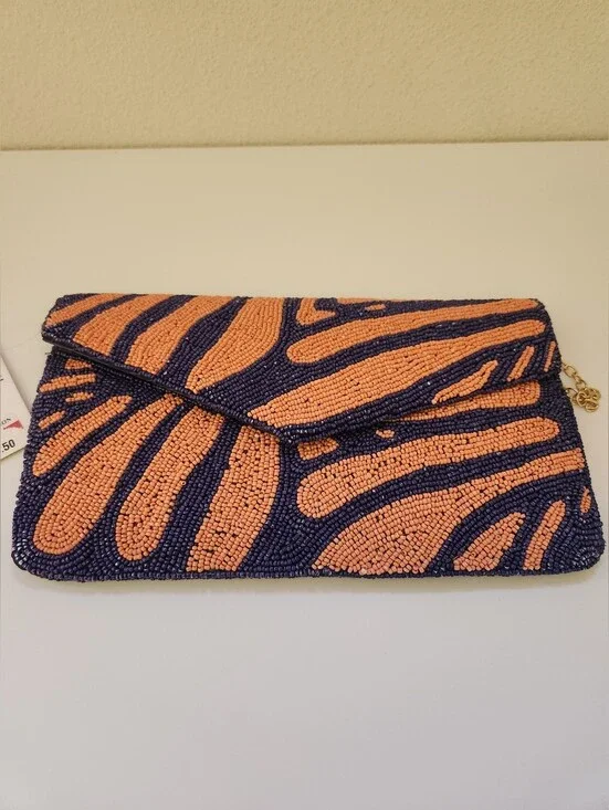 Beaded Coral & Navy Envelope Clutch with Gold Chain Zebra Foldover Statement NWT