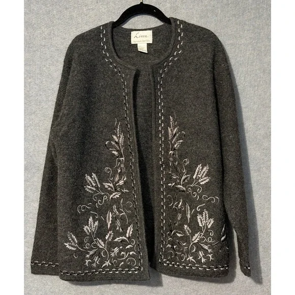 Linea Louis Dell'Olio Wool Cardigan M Gray Floral Embroidered Cottagecore A32601