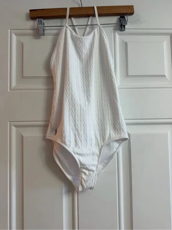 Polo Ralph Lauren White Cable Knit Texture One Piece Swimsuit Girls 8 NWT