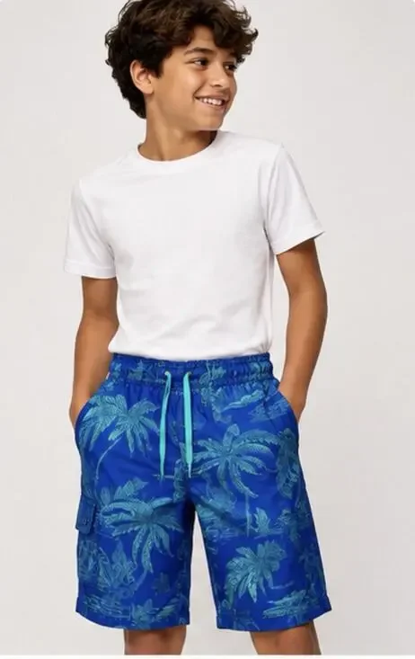 Outdoor Oasis Boys Husky 10/12 Blue Tropical Palm Swim Trunks Cargo