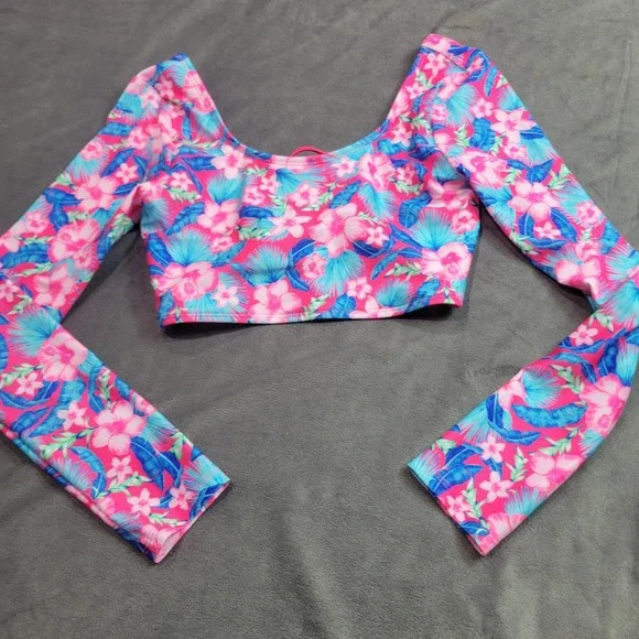 Art Class Girls XL 14 Tropical Floral Long Sleeve Bikini Top Pink Blue 222014967