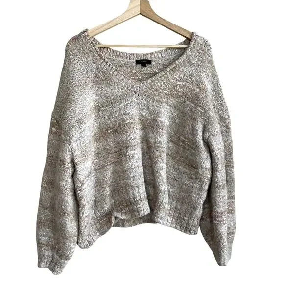 J.Crew wool alpaca blend knit v-neck chunky tan sweater women's size XL warm‎