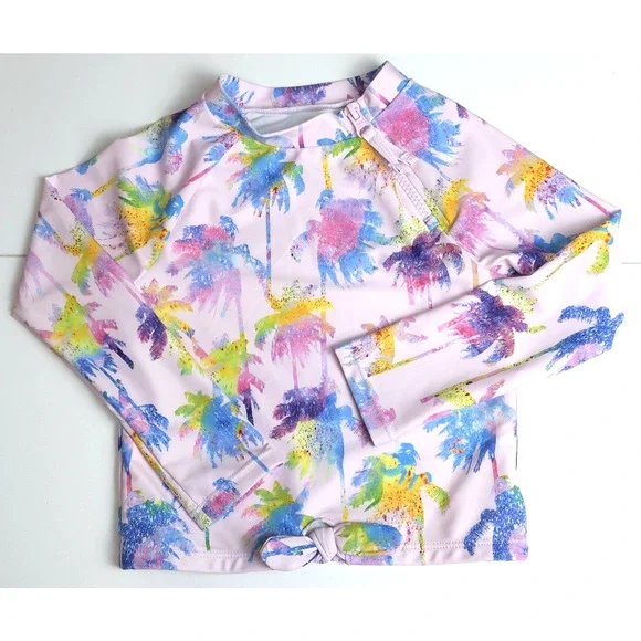 Andy & Evan Girl‎ 3T Swim Rash Guard Shirt Mock Neck Zip Palm Trees Pink Beach