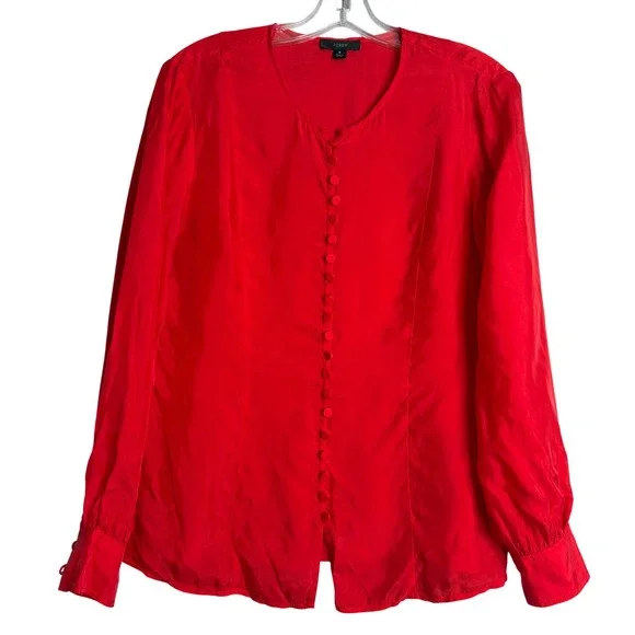 J. Crew Eco Cupro Blend Covered Button Top Womens 8 Red Silky Preppy Slim Fitted
