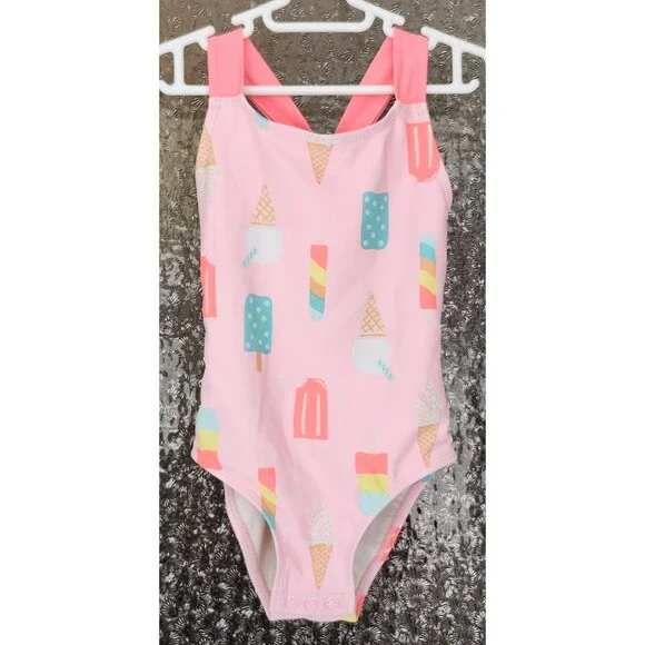 Carter’s Girls Swimsuit 24M • Pink Ice Cream‎ One‑Piece • Cross‑Back Bow • EUC