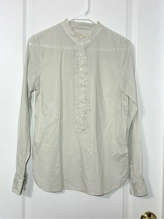 Y2K J.Crew Ruffle Trim Stand Up Collar Long Sleeve Pullover Blouse White Small