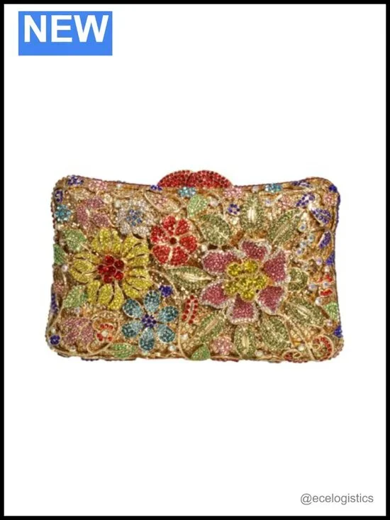 Women Rhinestone Floral Handbag Diamond Flower Purse Crossbody Clutch