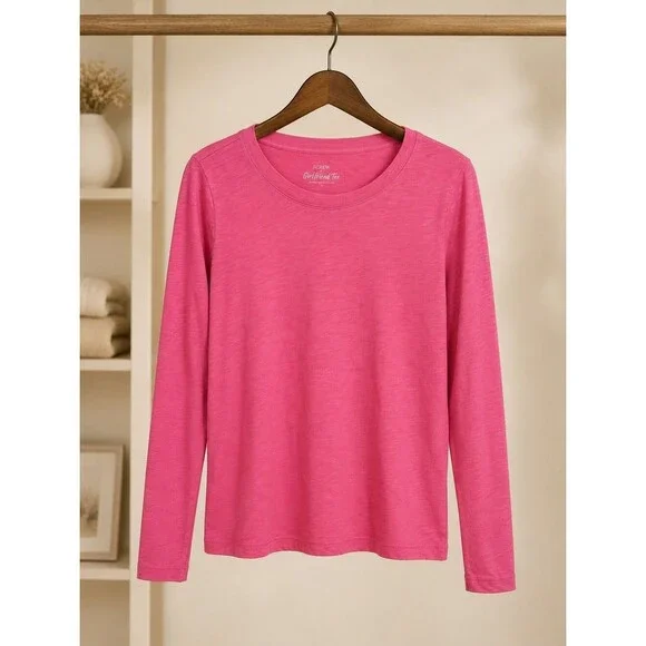 J.Crew Girlfriend Tee Pink Long Sleeve Crewneck 100% Cotton S Elevated Basics