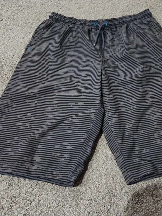 Eddie Bauer Kids Black Striped Swim Board Shorts with Subtle Blue Logo Accent XL