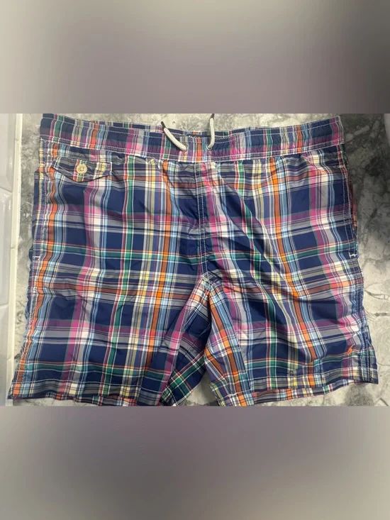 Ralph Lauren Plaid Swim Trunks in Navy, Pink & Orange