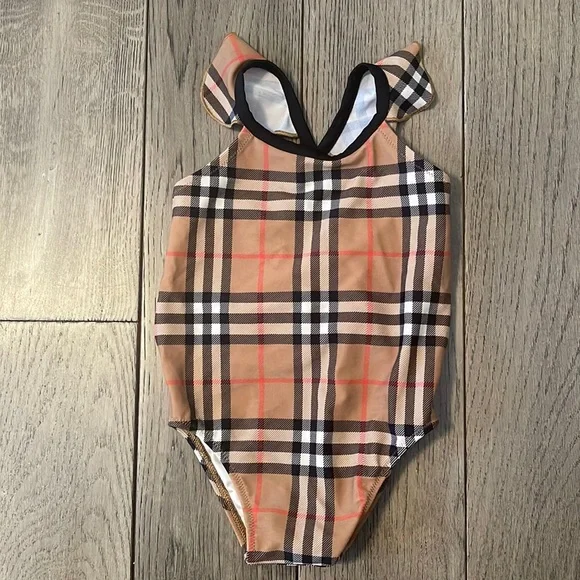 Burberry Tan Plaid One-Piece Swimsuit with Black Trim