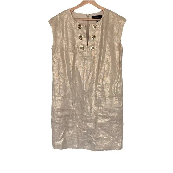 J. Crew Womens Linen Shift Dress‎ Size 8 Ivory/Gold Tone Career Office Preppy