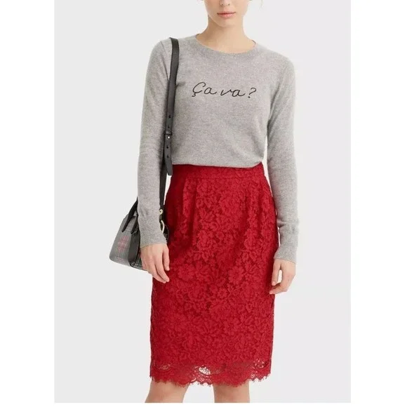 J CREW Pintucked Pencil‎ Skirt Red Lace Feminine Valentines Date Night Sz 14