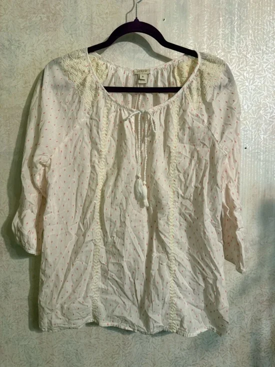 J. Crew Sheer Peasant Top With Tiny‎ Pink Diamond Print , Lace Detail On Collar