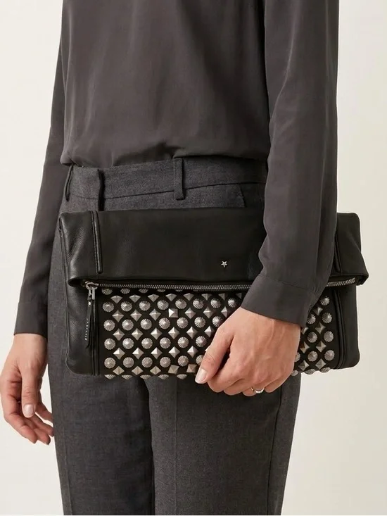 Ash Black Real Leather Fold-Over Clutch with Silver Studded Panel