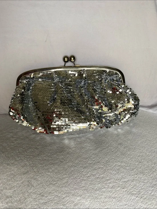 Silver Sequin Frame Clutch with Kiss-Lock Closure