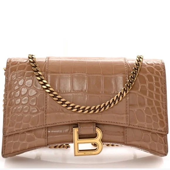 Balenciaga Beige Croc-Embossed Leather Chain Clutch with Gold Hardware