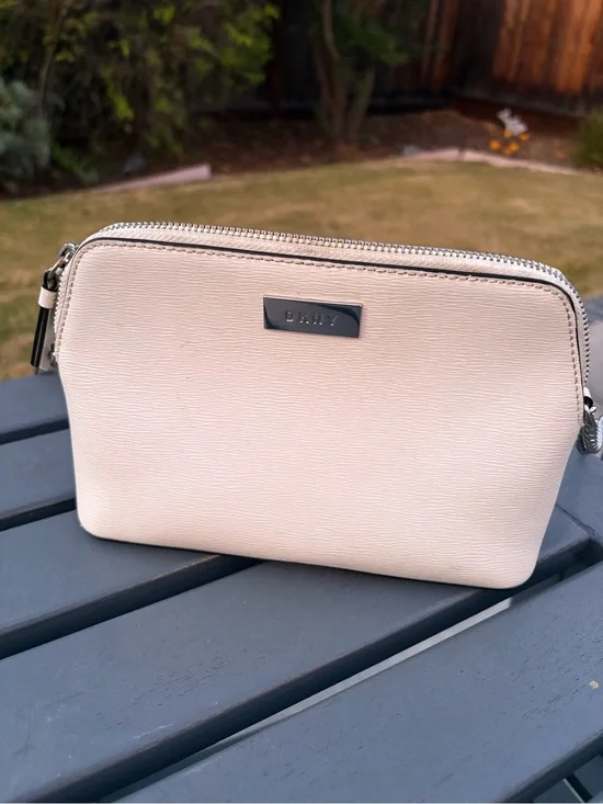 DKNY Optic White Leather Wristlet Clutch with Silver Hardware