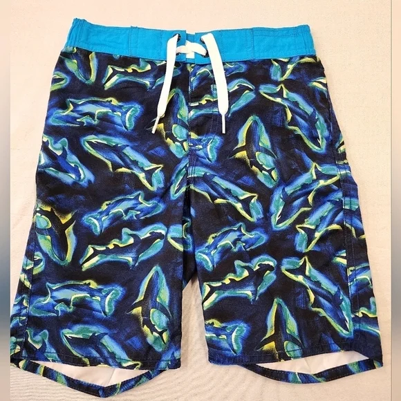 Old Navy Boys Shark Print Swim Trunks Blue Green Size 6
