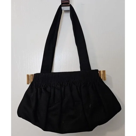 Vtg‎ 1940's Black Cloth Purse Handbag w/Gold accents to open