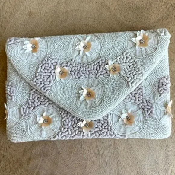 Maria Victoria Beaded Floral Clutch Shoulder Bag‎ Ivory Cream Embellished Floral