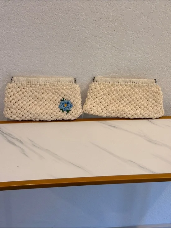 Cream Crochet Knit Clutch with Blue Floral‎ Accent BUNDLE