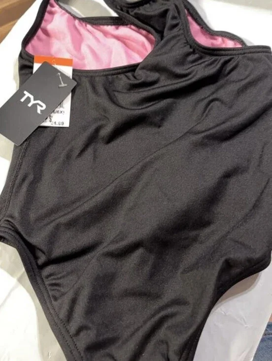 TYR Girls' Black One Piece Swimsuit with Pink Lining, Size 24, New with Tags