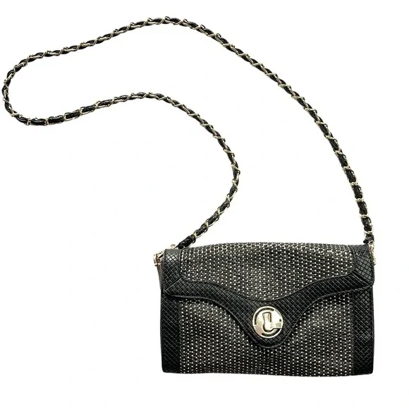 Urban Expressions Woven Vegan Black Leather and Straw Crossbody Wristlet Clutch