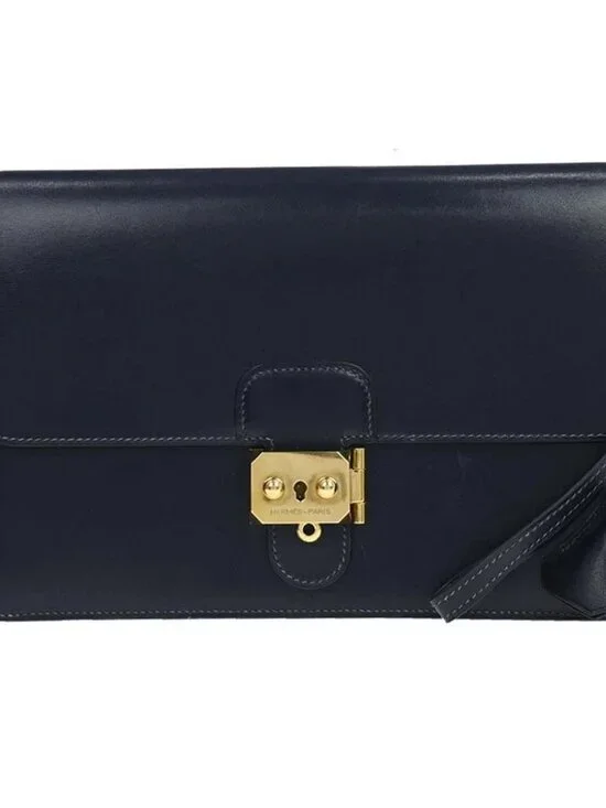 Hermes Blue Navy Box Calf Pochette Jet Clutch Bag