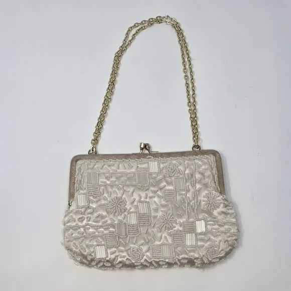Vintage La Regale Beaded Evening Purse‎ Ivory Satin Kiss Lock Hong Kong Wedding