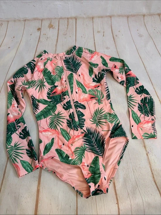 Old Navy Girls' Pink Flamingo & Green Leaf Long-Sleeve One-Piece Swimsuit