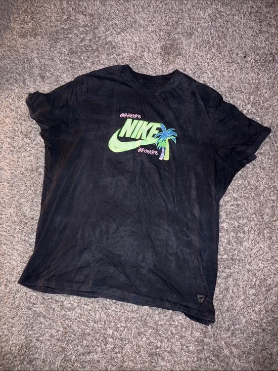 Nike Black Tee with Neon Green Swoosh and Blue Palm Motif