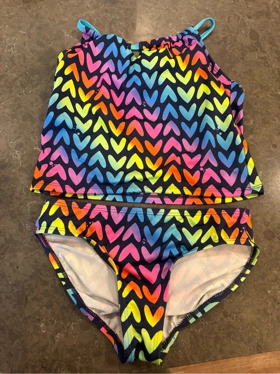 Lands' End Girls' Rainbow Heart Tankini - Neon Multi size 7