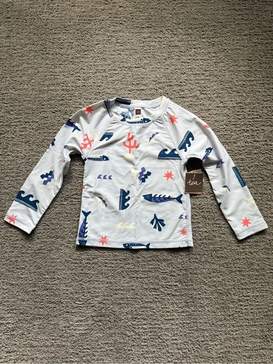 Tea Collection Rashguard with Navy Blue and Coral Sea Print