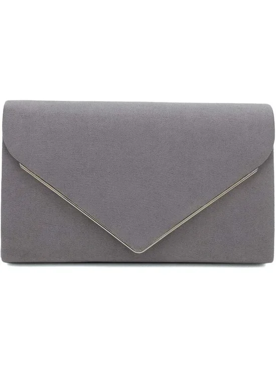 👜 Women's Grey Faux Suede Clutch Bag Elegant Metal Binding Evening Purse