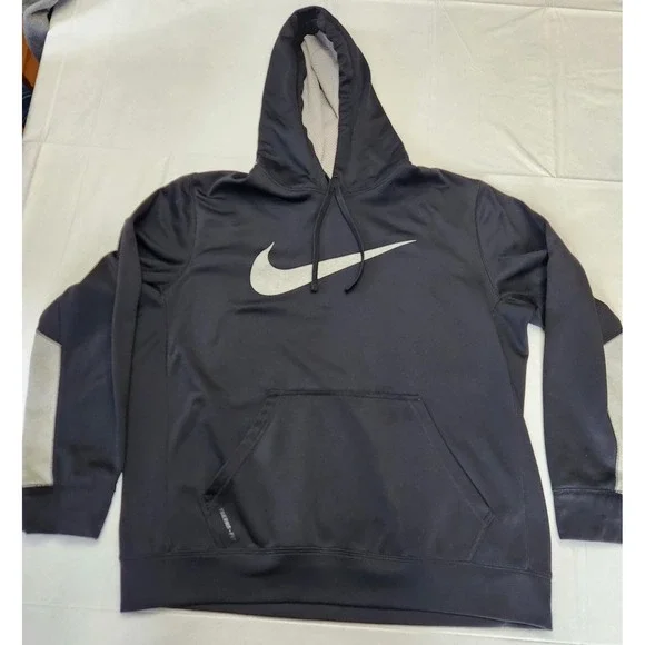 Nike Therma-Fit Hoodie Mens Large Black Pullover Fleece Swoosh‎ Logo Athletic