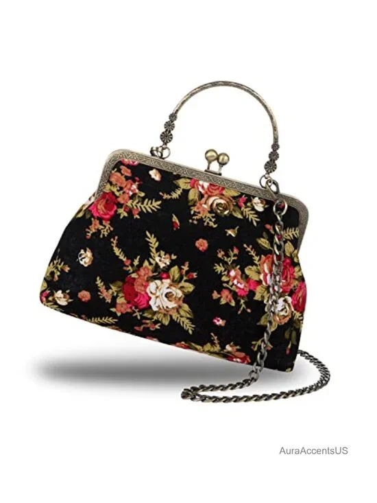 Vintage Floral Kiss Lock Evening Clutch Top Handle Purse for Women